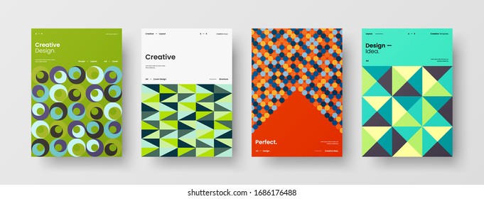 Business presentation vector A4 vertical orientation front page mock up set. Corporate report cover abstract geometric illustration design layout bundle. Company identity brochure template collection.