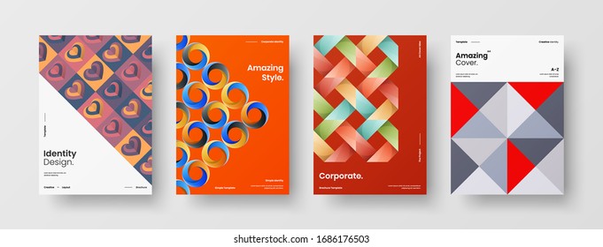 Diseño de presentación de negocio vectorial orientación vertical primera página maqueta conjunto. El informe corporativo cubre el paquete de diseño de ilustración geométrica abstracta. Colección de plantillas de folleto de identidad de la empresa.
