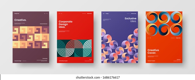 Vortragssatz der Vektorillustration A4 für vertikale Ausrichtung der Vorderseite. Corporate Report deckt abstraktes geometrisches Design-Layout-Paket für Illustrationen ab. Vorlage für Firmenidentitätsbroschüren