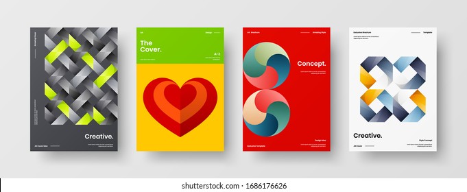 Business presentation vector A4 vertical orientation front page mock up set. Corporate report cover abstract geometric illustration design layout bundle. Company identity brochure template collection.