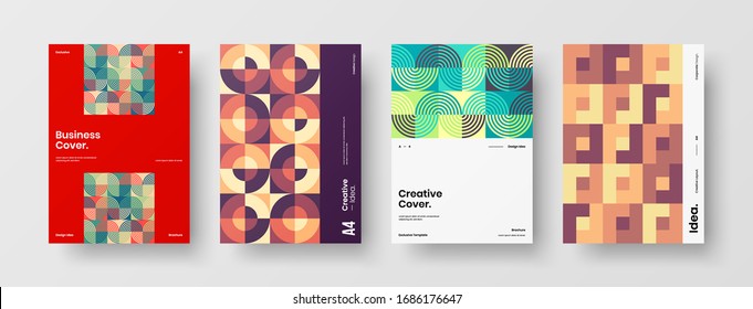 Business presentation vector A4 vertical orientation front page mock up set. Corporate report cover abstract geometric illustration design layout bundle. Company identity brochure template collection.