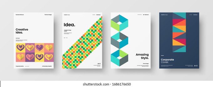 Business presentation vector A4 vertical orientation front page mock up set. Corporate report cover abstract geometric illustration design layout bundle. Company identity brochure template collection.