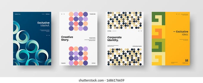 Business presentation vector A4 vertical orientation front page mock up set. Corporate report cover abstract geometric illustration design layout bundle. Company identity brochure template collection.