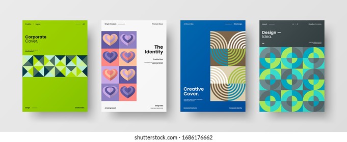 Business presentation vector A4 vertical orientation front page mock up set. Corporate report cover abstract geometric illustration design layout bundle. Company identity brochure template collection.