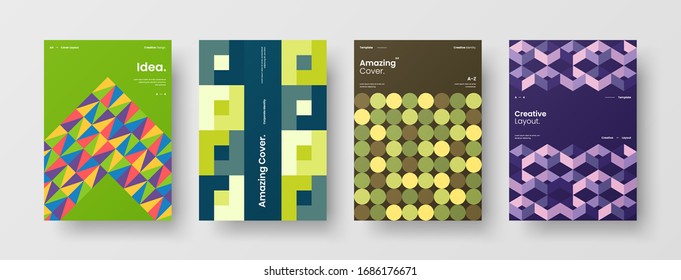 Business presentation vector A4 vertical orientation front page mock up set. Corporate report cover abstract geometric illustration design layout bundle. Company identity brochure template collection.