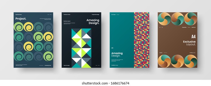Business presentation vector A4 vertical orientation front page mock up set. Corporate report cover abstract geometric illustration design layout bundle. Company identity brochure template collection.