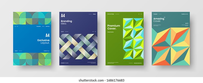 Business presentation vector A4 vertical orientation front page mock up set. Corporate report cover abstract geometric illustration design layout bundle. Company identity brochure template collection.