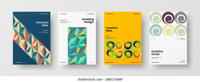 Vortragssatz der Vektorillustration A4 für vertikale Ausrichtung der Vorderseite. Corporate Report deckt abstraktes geometrisches Design-Layout-Paket für Illustrationen ab. Vorlage für Firmenidentitätsbroschüren
