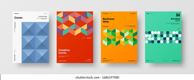 Business presentation vector A4 vertical orientation front page mock up set. Corporate report cover abstract geometric illustration design layout bundle. Company identity brochure template collection.