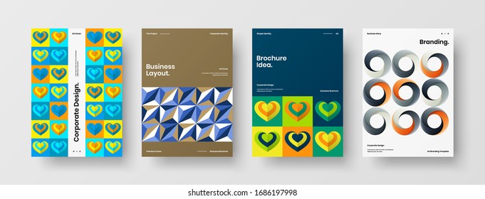 Diseño de presentación de negocio vectorial orientación vertical primera página maqueta conjunto. El informe corporativo cubre el paquete de diseño de ilustración geométrica abstracta. Colección de plantillas de folleto de identidad de la empresa.