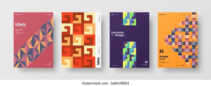Business presentation vector A4 vertical orientation front page mock up set. Corporate report cover abstract geometric illustration design layout bundle. Company identity brochure template collection.