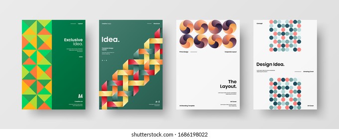 Business presentation vector A4 vertical orientation front page mock up set. Corporate report cover abstract geometric illustration design layout bundle. Company identity brochure template collection.