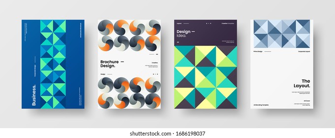 Business presentation vector A4 vertical orientation front page mock up set. Corporate report cover abstract geometric illustration design layout bundle. Company identity brochure template collection.
