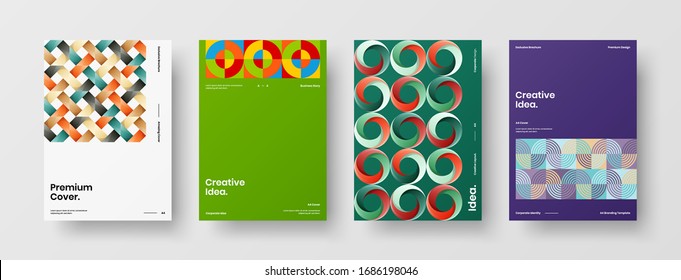 Diseño de presentación de negocio vectorial orientación vertical primera página maqueta conjunto. El informe corporativo cubre el paquete de diseño de ilustración geométrica abstracta. Colección de plantillas de folleto de identidad de la empresa.