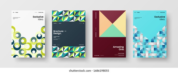 Diseño de presentación de negocio vectorial orientación vertical primera página maqueta conjunto. El informe corporativo cubre el paquete de diseño de ilustración geométrica abstracta. Colección de plantillas de folleto de identidad de la empresa.
