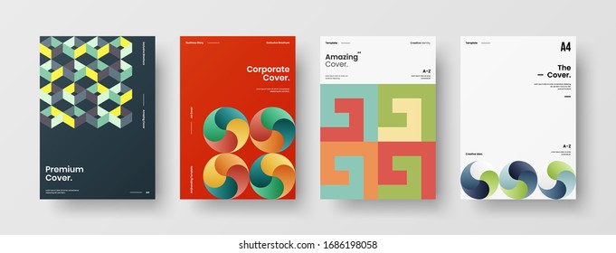 Business presentation vector A4 vertical orientation front page mock up set. Corporate report cover abstract geometric illustration design layout bundle. Company identity brochure template collection.