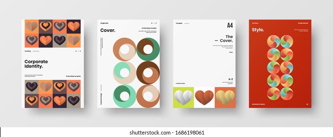 Business presentation vector A4 vertical orientation front page mock up set. Corporate report cover abstract geometric illustration design layout bundle. Company identity brochure template collection.