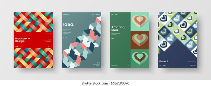 Business presentation vector A4 vertical orientation front page mock up set. Corporate report cover abstract geometric illustration design layout bundle. Company identity brochure template collection.