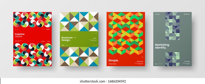 Business presentation vector A4 vertical orientation front page mock up set. Corporate report cover abstract geometric illustration design layout bundle. Company identity brochure template collection.