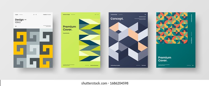 Business presentation vector A4 vertical orientation front page mock up set. Corporate report cover abstract geometric illustration design layout bundle. Company identity brochure template collection.