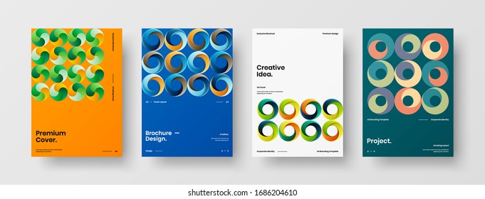 Diseño de presentación de negocio vectorial orientación vertical primera página maqueta conjunto. El informe corporativo cubre el paquete de diseño de ilustración geométrica abstracta. Colección de plantillas de folleto de identidad de la empresa.