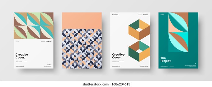 Diseño de presentación de negocio vectorial orientación vertical primera página maqueta conjunto. El informe corporativo cubre el paquete de diseño de ilustración geométrica abstracta. Colección de plantillas de folleto de identidad de la empresa.