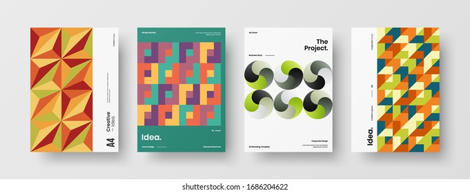 Business presentation vector A4 vertical orientation front page mock up set. Corporate report cover abstract geometric illustration design layout bundle. Company identity brochure template collection.