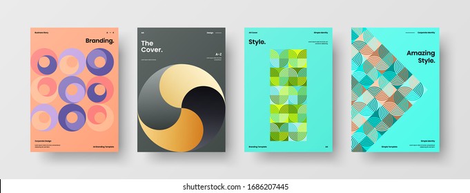 Business presentation vector A4 vertical orientation front page mock up set. Corporate report cover abstract geometric illustration design layout bundle. Company identity brochure template collection.
