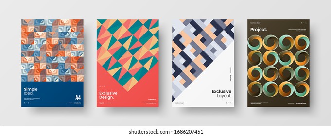 Diseño de presentación de negocio vectorial orientación vertical primera página maqueta conjunto. El informe corporativo cubre el paquete de diseño de ilustración geométrica abstracta. Colección de plantillas de folleto de identidad de la empresa.