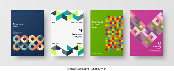Business presentation vector A4 vertical orientation front page mock up set. Corporate report cover abstract geometric illustration design layout bundle. Company identity brochure template collection.