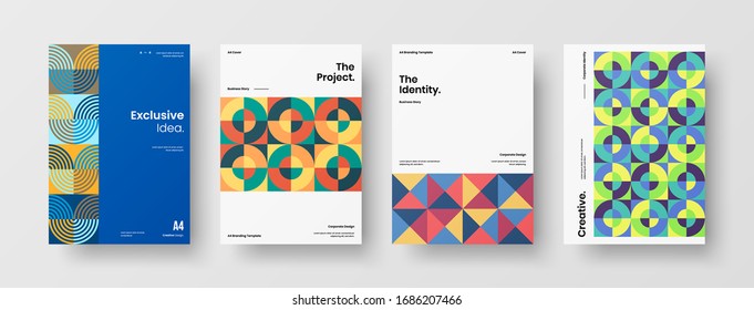 Business presentation vector A4 vertical orientation front page mock up set. Corporate report cover abstract geometric illustration design layout bundle. Company identity brochure template collection.