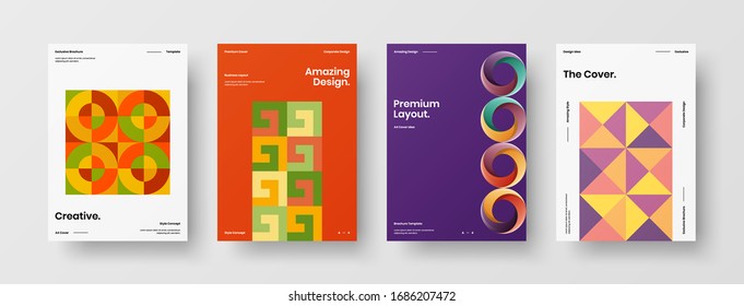 Business presentation vector A4 vertical orientation front page mock up set. Corporate report cover abstract geometric illustration design layout bundle. Company identity brochure template collection.