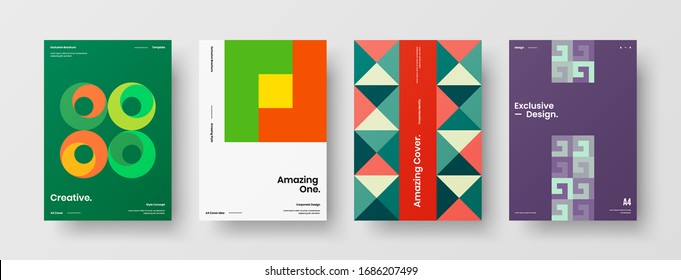 Business presentation vector A4 vertical orientation front page mock up set. Corporate report cover abstract geometric illustration design layout bundle. Company identity brochure template collection.