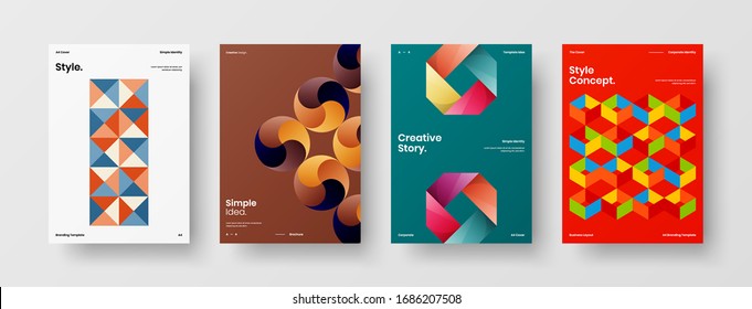 Business presentation vector A4 vertical orientation front page mock up set. Corporate report cover abstract geometric illustration design layout bundle. Company identity brochure template collection.