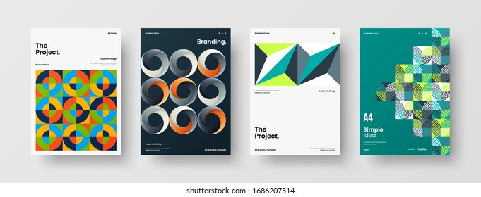 Business presentation vector A4 vertical orientation front page mock up set. Corporate report cover abstract geometric illustration design layout bundle. Company identity brochure template collection.
