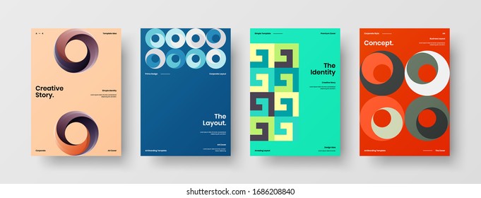 Business presentation vector A4 vertical orientation front page mock up set. Corporate report cover abstract geometric illustration design layout bundle. Company identity brochure template collection.