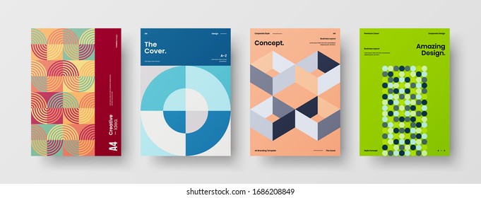 Business presentation vector A4 vertical orientation front page mock up set. Corporate report cover abstract geometric illustration design layout bundle. Company identity brochure template collection.