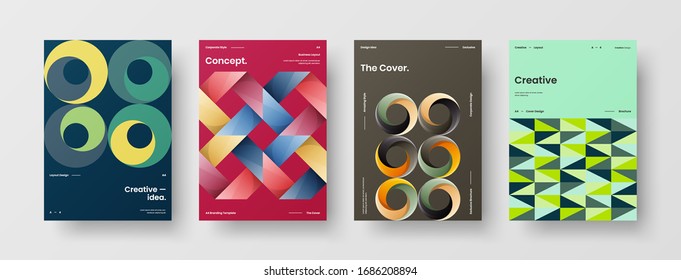 Business presentation vector A4 vertical orientation front page mock up set. Corporate report cover abstract geometric illustration design layout bundle. Company identity brochure template collection.