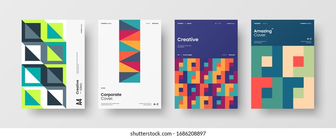 Vortragssatz der Vektorillustration A4 für vertikale Ausrichtung der Vorderseite. Corporate Report deckt abstraktes geometrisches Design-Layout-Paket für Illustrationen ab. Vorlage für Firmenidentitätsbroschüren