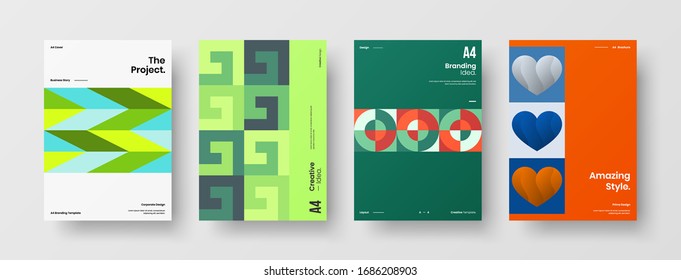 Business presentation vector A4 vertical orientation front page mock up set. Corporate report cover abstract geometric illustration design layout bundle. Company identity brochure template collection.
