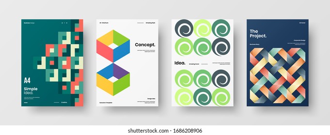 Diseño de presentación de negocio vectorial orientación vertical primera página maqueta conjunto. El informe corporativo cubre el paquete de diseño de ilustración geométrica abstracta. Colección de plantillas de folleto de identidad de la empresa.