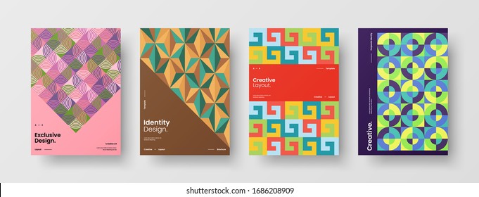 Business presentation vector A4 vertical orientation front page mock up set. Corporate report cover abstract geometric illustration design layout bundle. Company identity brochure template collection.