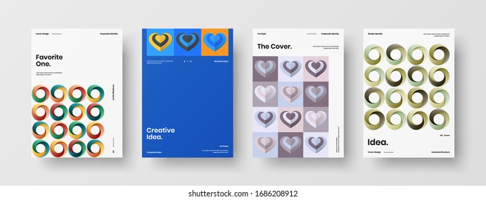 Business presentation vector A4 vertical orientation front page mock up set. Corporate report cover abstract geometric illustration design layout bundle. Company identity brochure template collection.