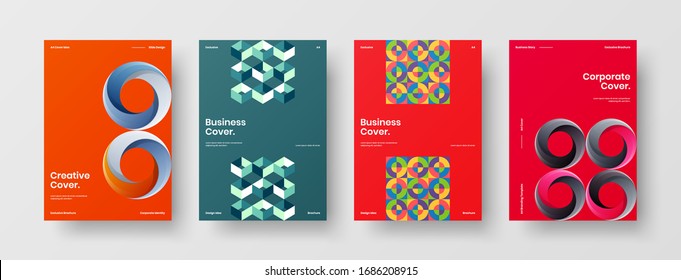 Business presentation vector A4 vertical orientation front page mock up set. Corporate report cover abstract geometric illustration design layout bundle. Company identity brochure template collection.