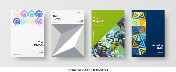 Business presentation vector A4 vertical orientation front page mock up set. Corporate report cover abstract geometric illustration design layout bundle. Company identity brochure template collection.