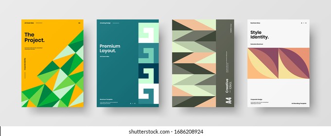 Business presentation vector A4 vertical orientation front page mock up set. Corporate report cover abstract geometric illustration design layout bundle. Company identity brochure template collection.