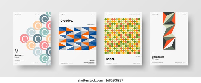 Vortragssatz der Vektorillustration A4 für vertikale Ausrichtung der Vorderseite. Corporate Report deckt abstraktes geometrisches Design-Layout-Paket für Illustrationen ab. Vorlage für Firmenidentitätsbroschüren