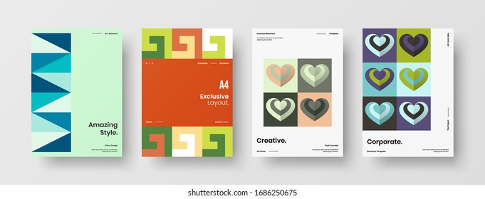 Business presentation vector A4 vertical orientation front page mock up set. Corporate report cover abstract geometric illustration design layout bundle. Company identity brochure template collection.