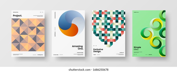 Business presentation vector A4 vertical orientation front page mock up set. Corporate report cover abstract geometric illustration design layout bundle. Company identity brochure template collection.