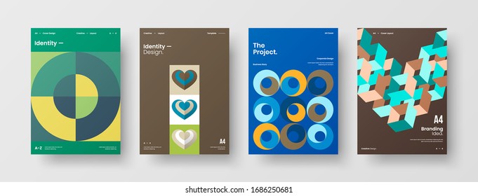 Business presentation vector A4 vertical orientation front page mock up set. Corporate report cover abstract geometric illustration design layout bundle. Company identity brochure template collection.
